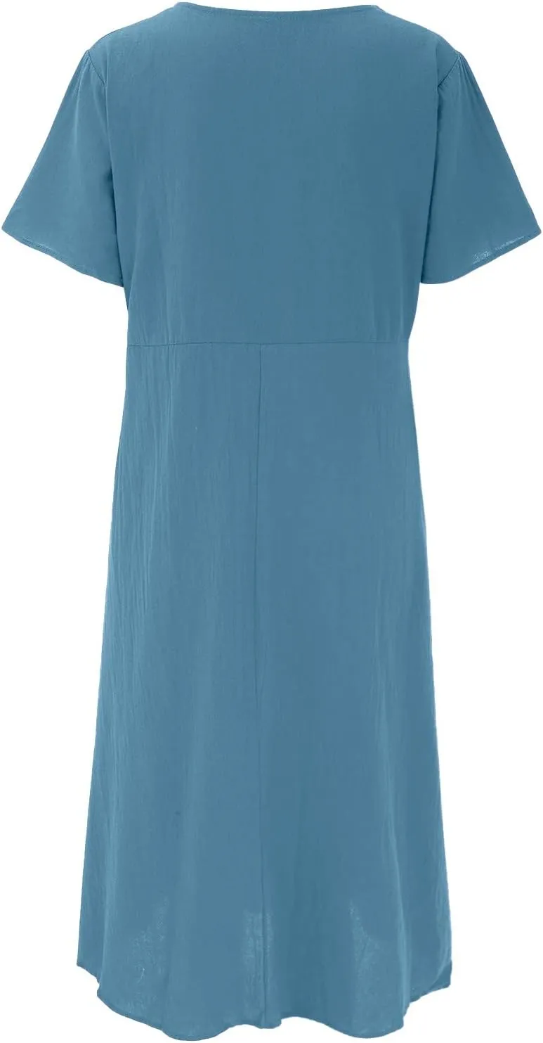 Womens Cotton Linen Dresses Summer Short Sleeve Comfy Travel Sundresses Maxi Beach Dress Vacation Clothes 2025 Plus Size