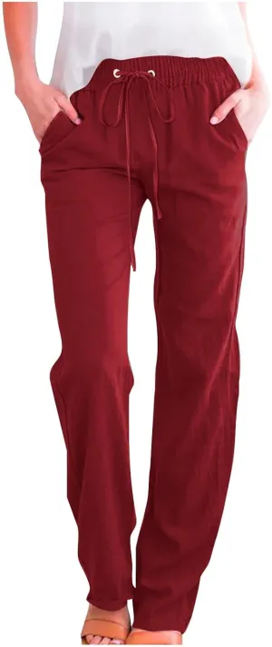 Womens Cotton Linen High Waisted Pants Drawstring Casual Loose Fit Summer Pants Comfy Trousers with Side Pockets