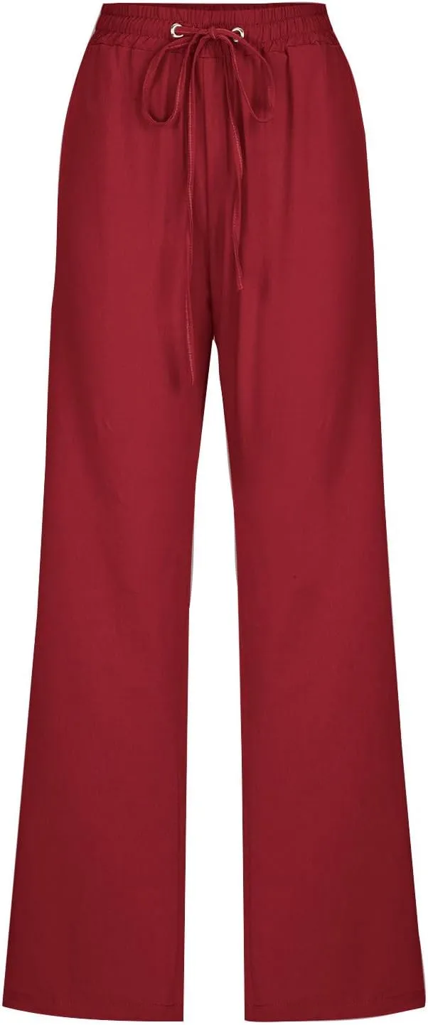 Womens Cotton Linen High Waisted Pants Drawstring Casual Loose Fit Summer Pants Comfy Trousers with Side Pockets