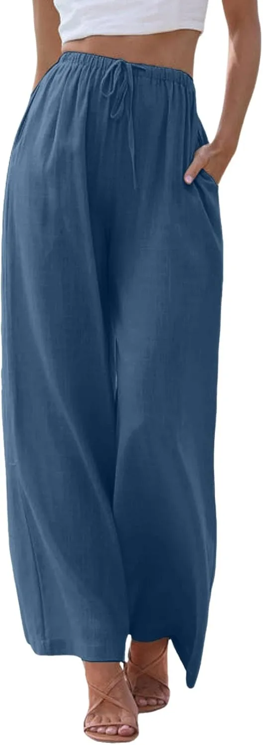 Womens Cotton Linen Palazzo Pants Casual Summer Beach Flowy Drawstring Elastic Waist Wide Leg Trousers with Pockets