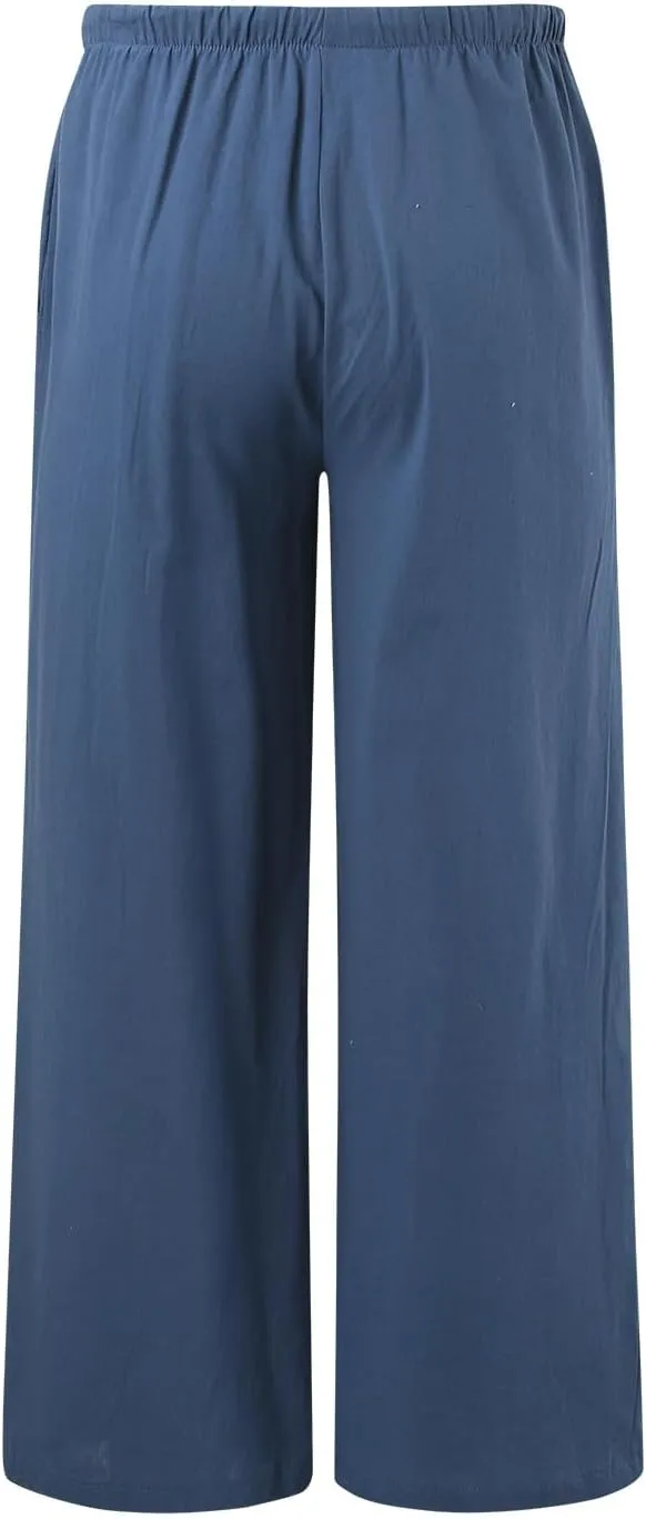 Womens Cotton Linen Palazzo Pants Casual Summer Beach Flowy Drawstring Elastic Waist Wide Leg Trousers with Pockets