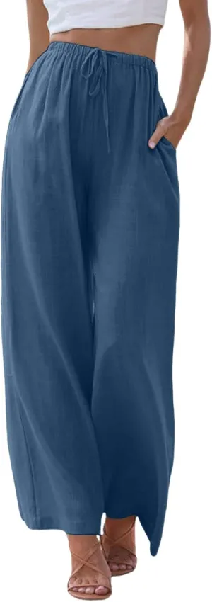 Womens Cotton Linen Palazzo Pants Casual Summer Beach Flowy Drawstring Elastic Waist Wide Leg Trousers with Pockets