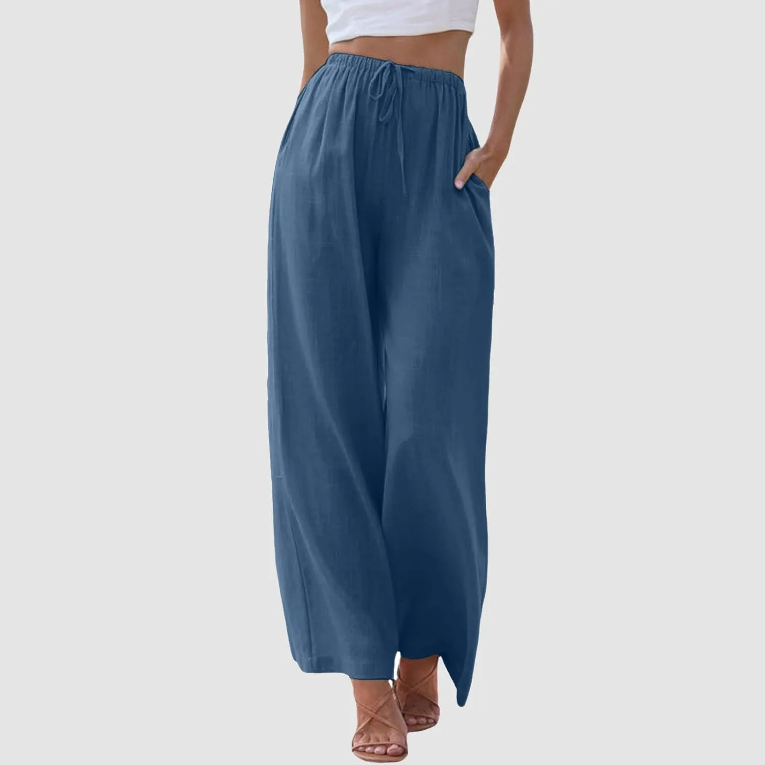 Womens Cotton Linen Palazzo Pants Casual Summer Beach Flowy Drawstring Elastic Waist Wide Leg Trousers with Pockets