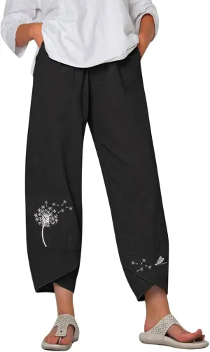 Womens Cotton Linen Palazzo Pants Dragonfly Dandelion Print Beach Pant Summer Breathable Casual Trousers with Pockets