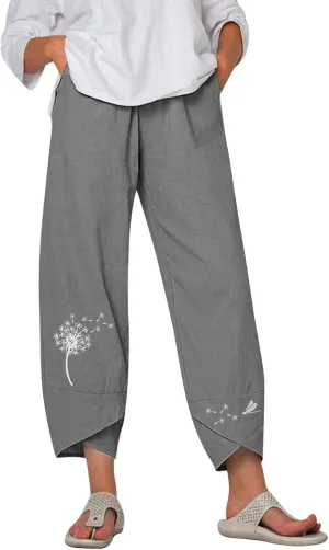 Womens Cotton Linen Palazzo Pants Dragonfly Dandelion Print Beach Pant Summer Breathable Casual Trousers with Pockets