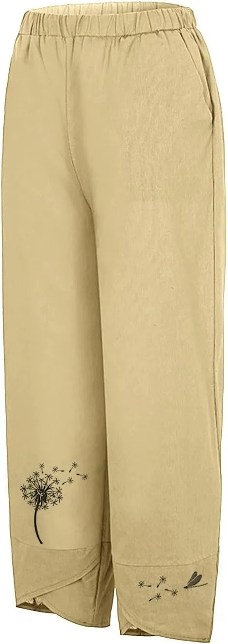 Womens Cotton Linen Palazzo Pants Dragonfly Dandelion Print Beach Pant Summer Breathable Casual Trousers with Pockets