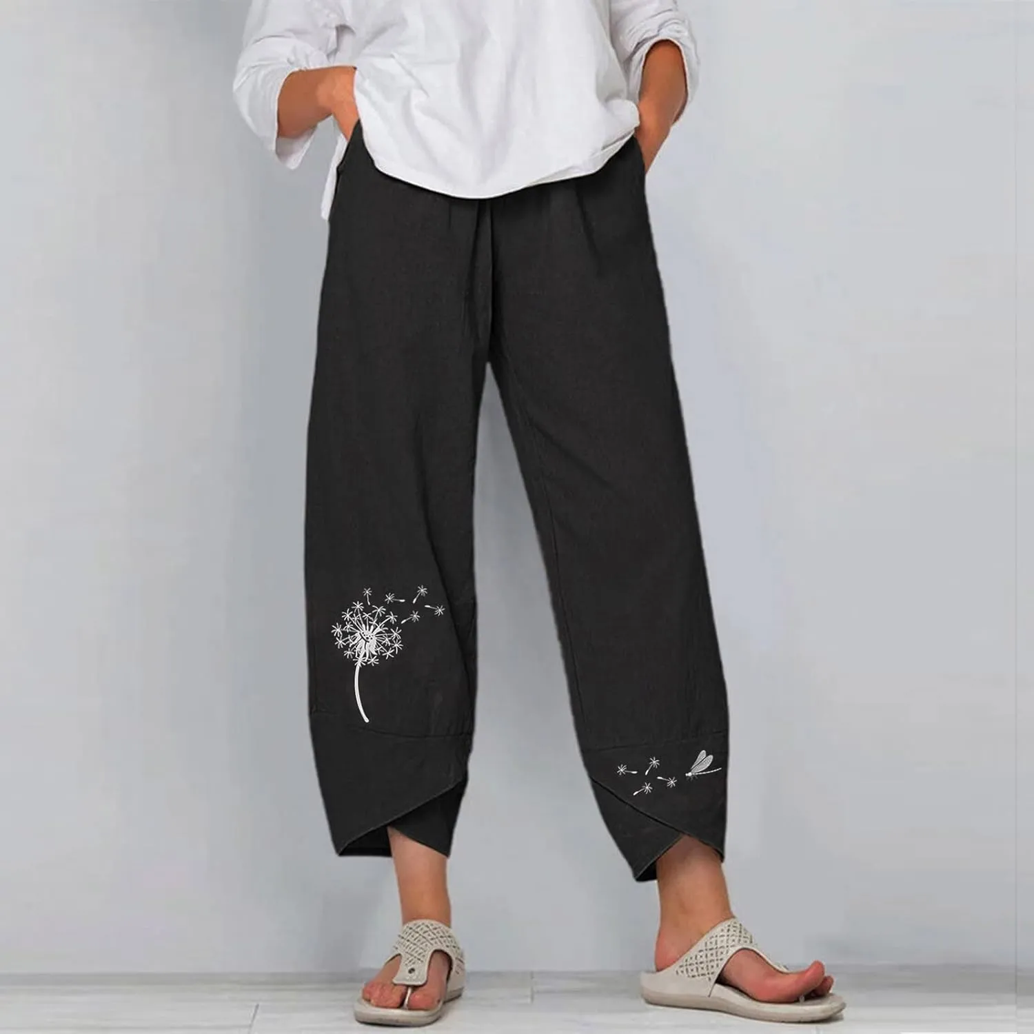 Womens Cotton Linen Palazzo Pants Dragonfly Dandelion Print Beach Pant Summer Breathable Casual Trousers with Pockets