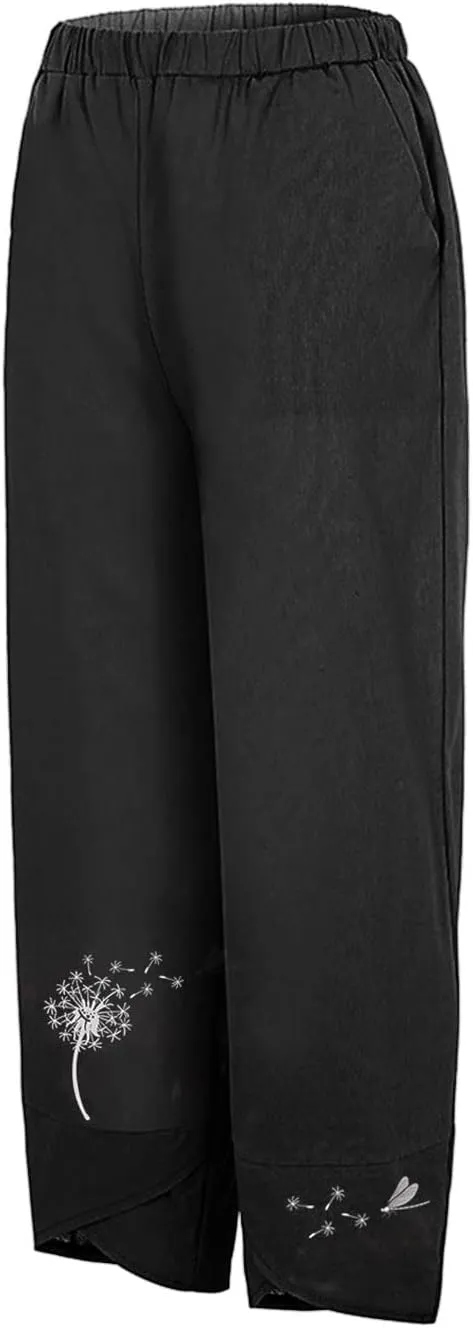 Womens Cotton Linen Palazzo Pants Dragonfly Dandelion Print Beach Pant Summer Breathable Casual Trousers with Pockets