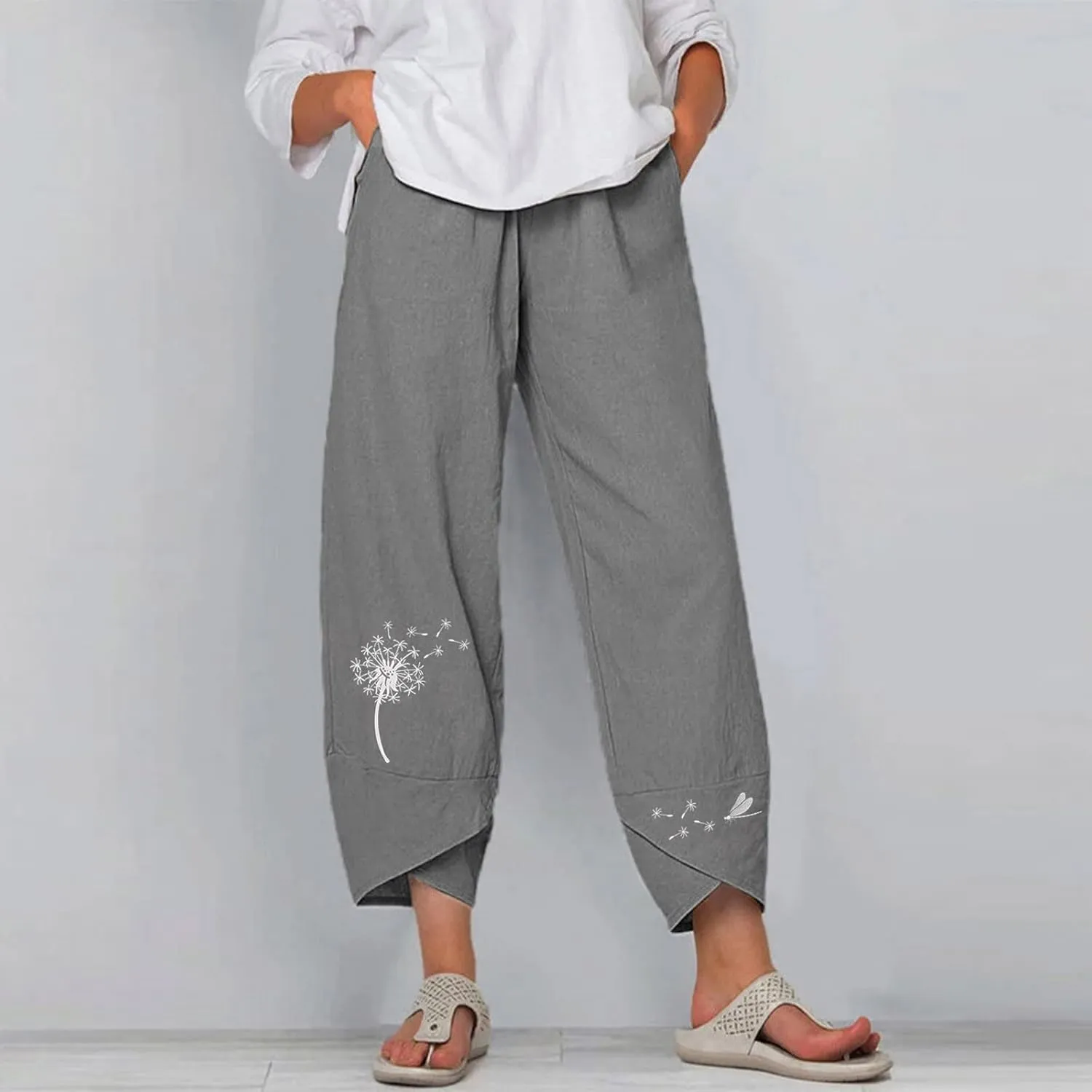 Womens Cotton Linen Palazzo Pants Dragonfly Dandelion Print Beach Pant Summer Breathable Casual Trousers with Pockets