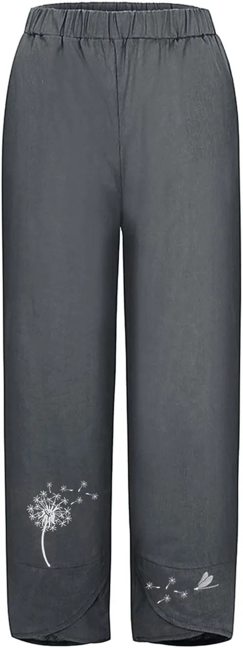 Womens Cotton Linen Palazzo Pants Dragonfly Dandelion Print Beach Pant Summer Breathable Casual Trousers with Pockets