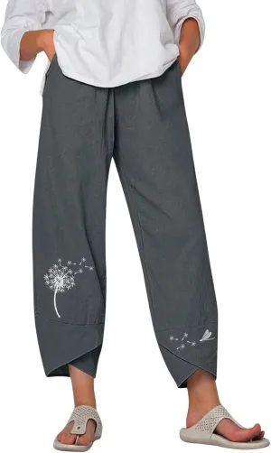 Womens Cotton Linen Palazzo Pants Dragonfly Dandelion Print Beach Pant Summer Breathable Casual Trousers with Pockets