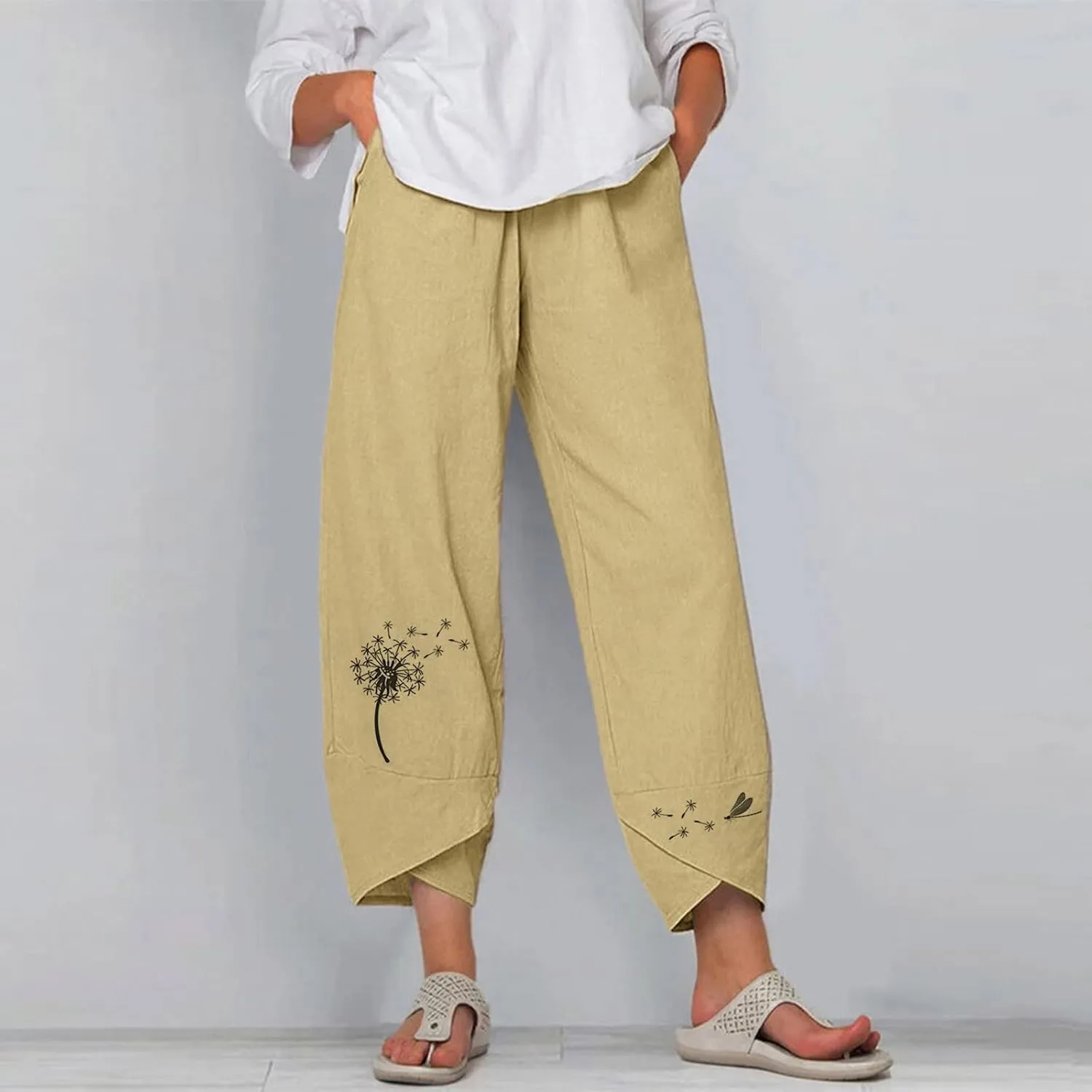 Womens Cotton Linen Palazzo Pants Dragonfly Dandelion Print Beach Pant Summer Breathable Casual Trousers with Pockets