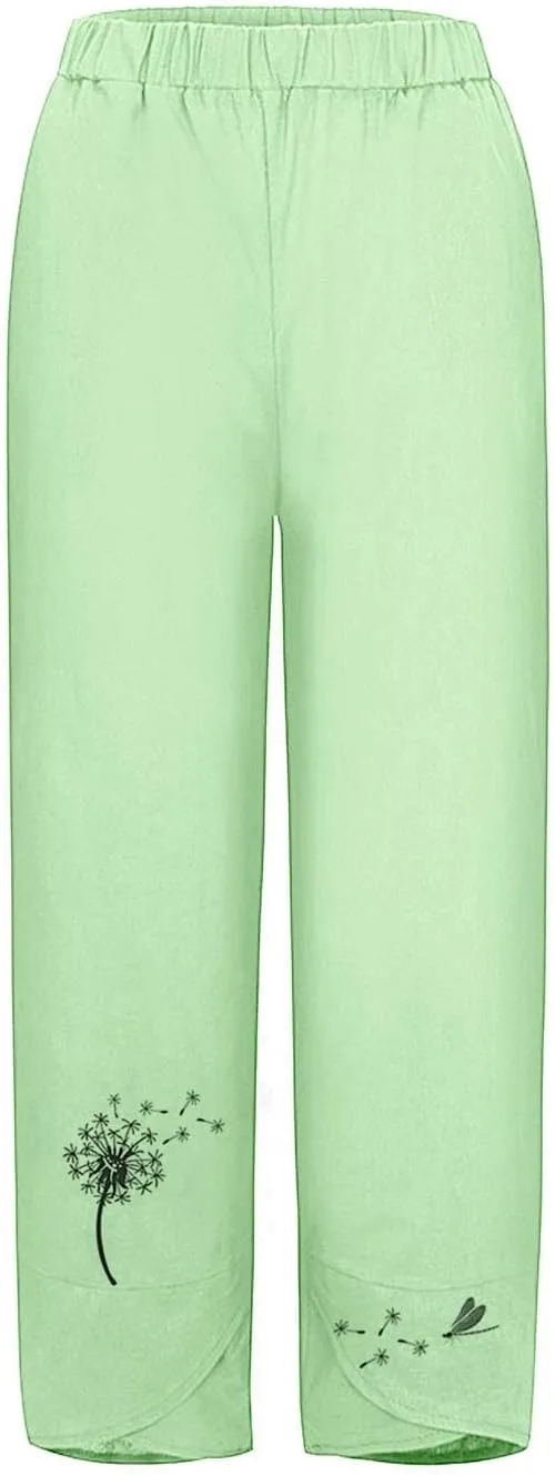 Womens Cotton Linen Palazzo Pants Dragonfly Dandelion Print Beach Pant Summer Breathable Casual Trousers with Pockets
