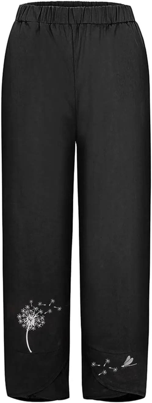 Womens Cotton Linen Palazzo Pants Dragonfly Dandelion Print Beach Pant Summer Breathable Casual Trousers with Pockets