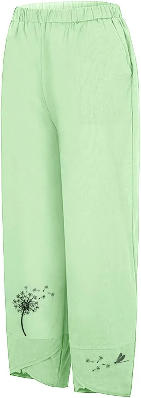 Womens Cotton Linen Palazzo Pants Dragonfly Dandelion Print Beach Pant Summer Breathable Casual Trousers with Pockets
