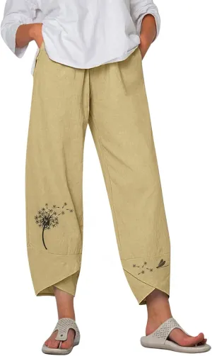 Womens Cotton Linen Palazzo Pants Dragonfly Dandelion Print Beach Pant Summer Breathable Casual Trousers with Pockets