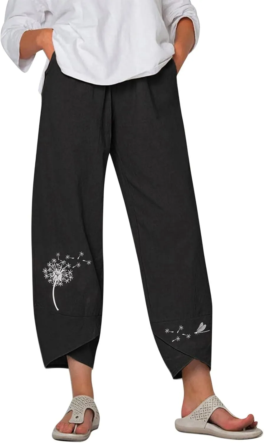 Womens Cotton Linen Palazzo Pants Dragonfly Dandelion Print Beach Pant Summer Breathable Casual Trousers with Pockets