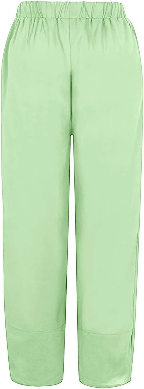 Womens Cotton Linen Palazzo Pants Dragonfly Dandelion Print Beach Pant Summer Breathable Casual Trousers with Pockets