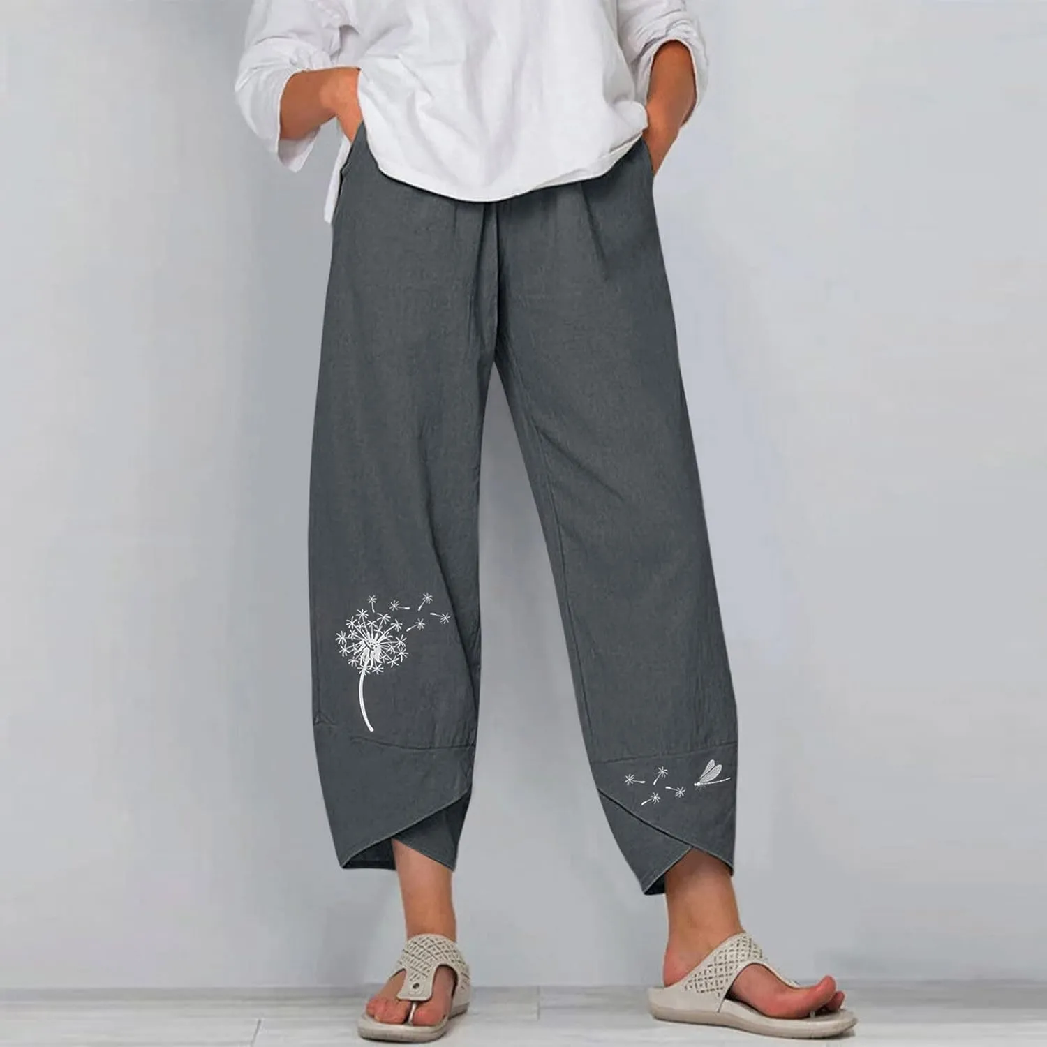 Womens Cotton Linen Palazzo Pants Dragonfly Dandelion Print Beach Pant Summer Breathable Casual Trousers with Pockets