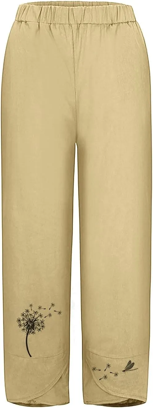 Womens Cotton Linen Palazzo Pants Dragonfly Dandelion Print Beach Pant Summer Breathable Casual Trousers with Pockets