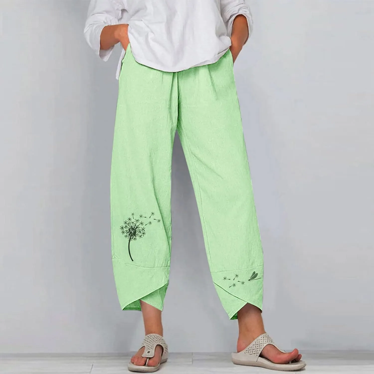 Womens Cotton Linen Palazzo Pants Dragonfly Dandelion Print Beach Pant Summer Breathable Casual Trousers with Pockets