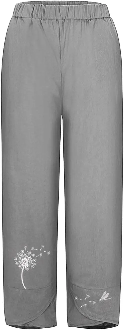 Womens Cotton Linen Palazzo Pants Dragonfly Dandelion Print Beach Pant Summer Breathable Casual Trousers with Pockets