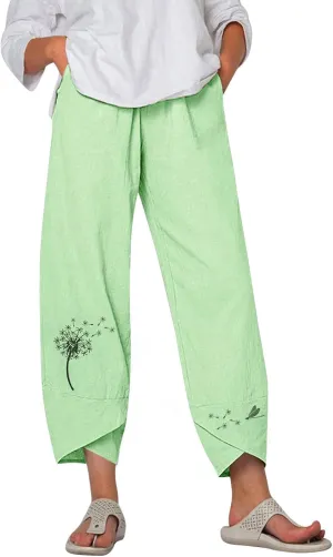 Womens Cotton Linen Palazzo Pants Dragonfly Dandelion Print Beach Pant Summer Breathable Casual Trousers with Pockets