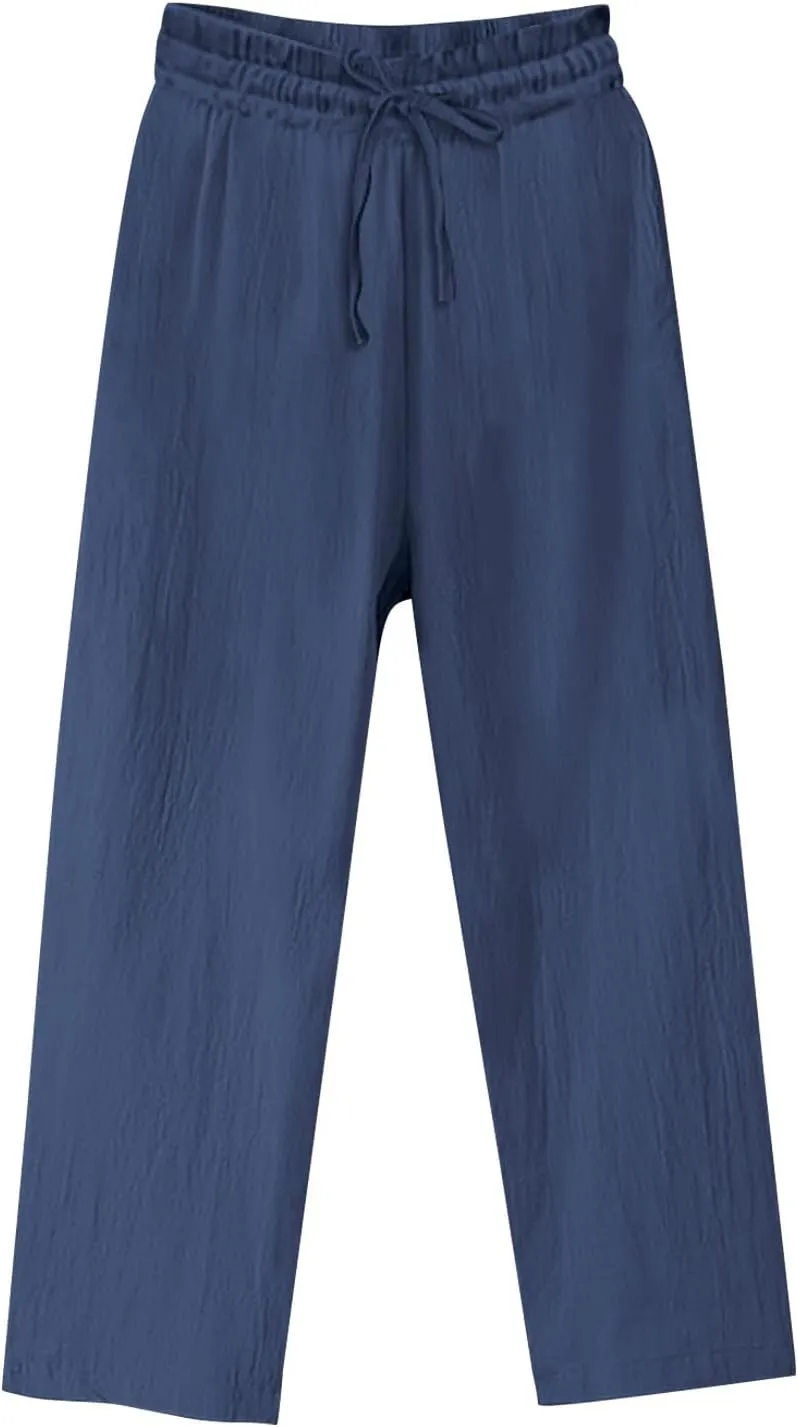 Womens Cotton Linen Pants Summer Casual Beach Pant Drawstring Flowy Traveling Straight Leg Palazzo Trousers