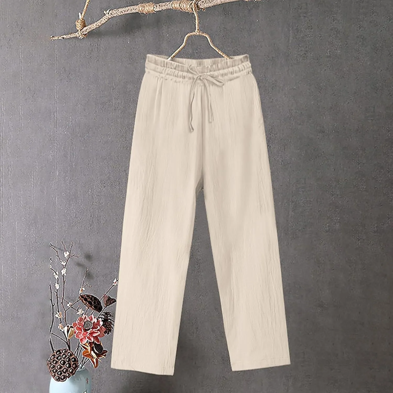 Womens Cotton Linen Pants Summer Casual Beach Pant Drawstring Flowy Traveling Straight Leg Palazzo Trousers