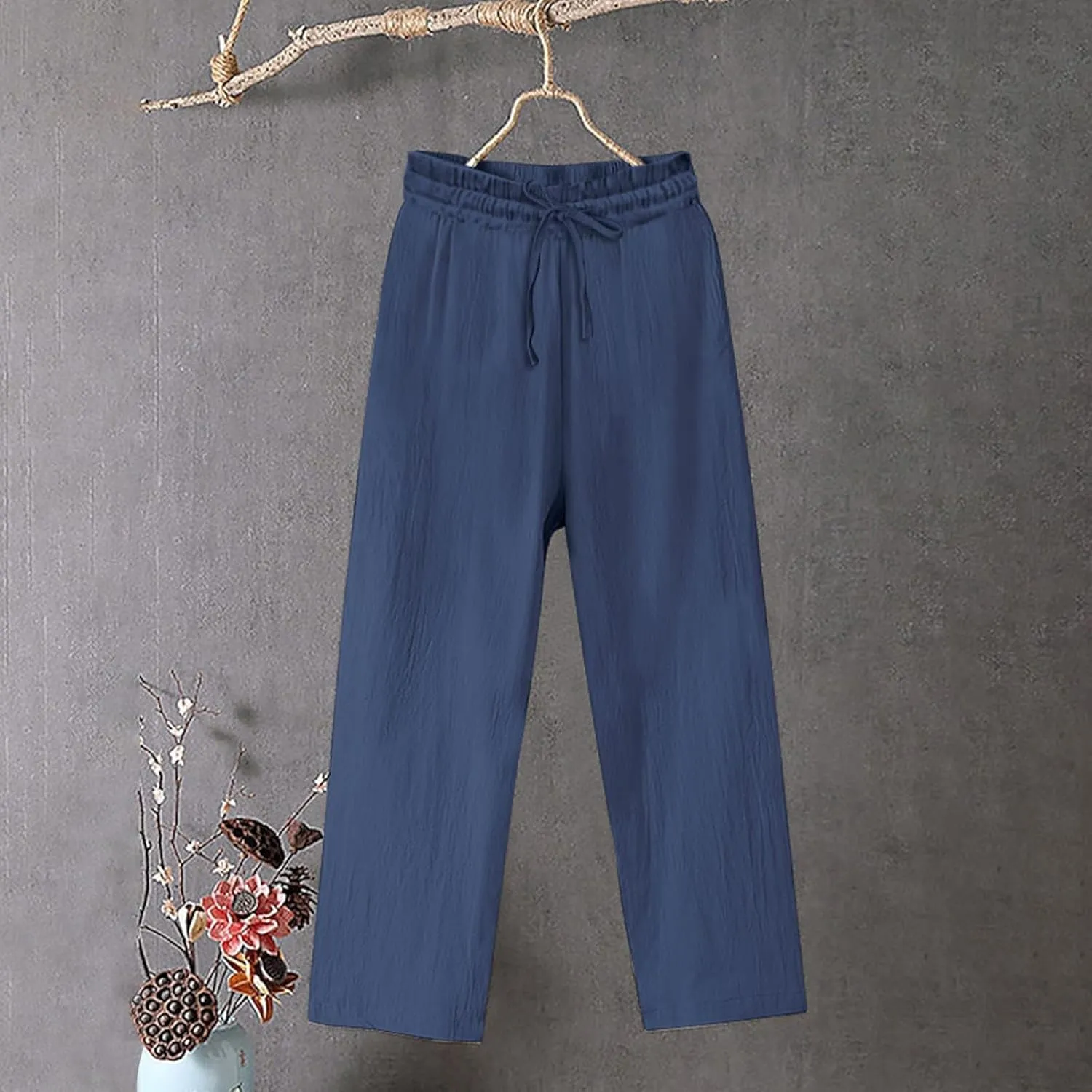 Womens Cotton Linen Pants Summer Casual Beach Pant Drawstring Flowy Traveling Straight Leg Palazzo Trousers