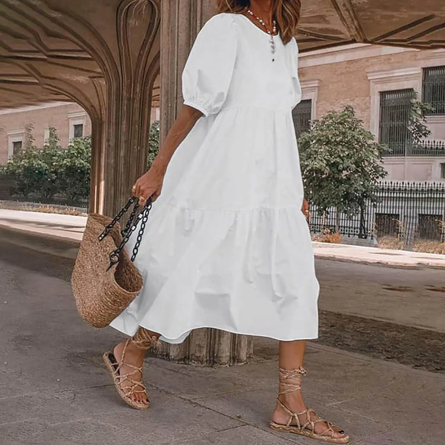 Womens Cotton Linen Pleated Dresses Fashion Classic Puff Sleeve Casual Solid Color Crewneck Flowy A Line Maxi Dress