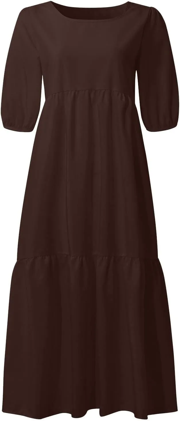 Womens Cotton Linen Pleated Dresses Fashion Classic Puff Sleeve Casual Solid Color Crewneck Flowy A Line Maxi Dress
