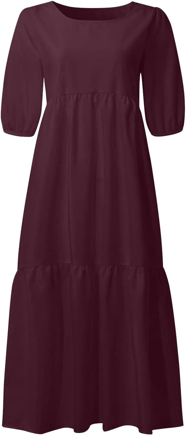 Womens Cotton Linen Pleated Dresses Fashion Classic Puff Sleeve Casual Solid Color Crewneck Flowy A Line Maxi Dress