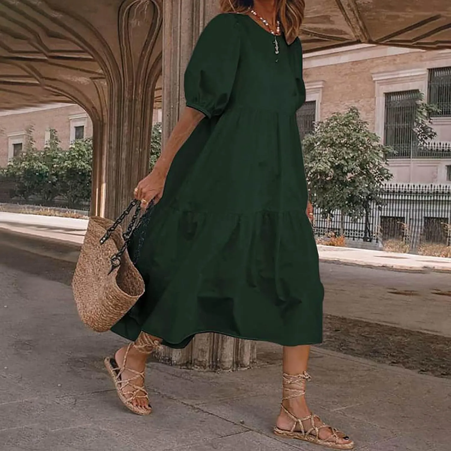 Womens Cotton Linen Pleated Dresses Fashion Classic Puff Sleeve Casual Solid Color Crewneck Flowy A Line Maxi Dress