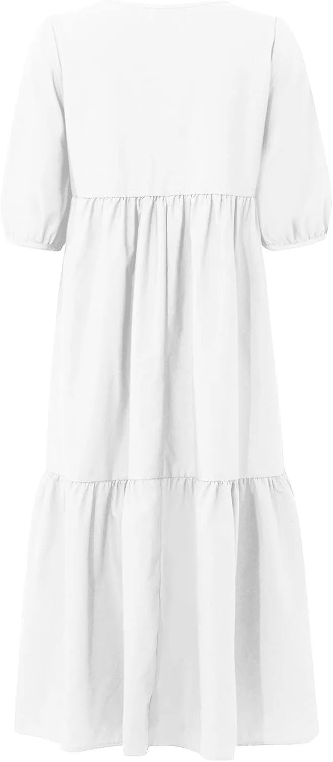 Womens Cotton Linen Pleated Dresses Fashion Classic Puff Sleeve Casual Solid Color Crewneck Flowy A Line Maxi Dress