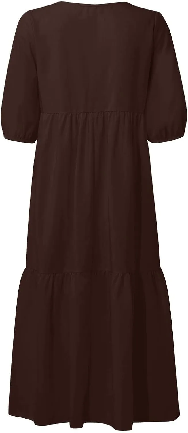 Womens Cotton Linen Pleated Dresses Fashion Classic Puff Sleeve Casual Solid Color Crewneck Flowy A Line Maxi Dress