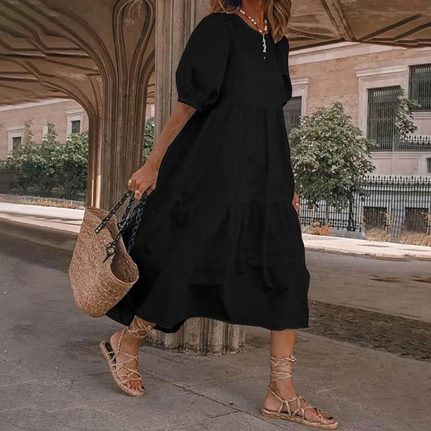 Womens Cotton Linen Pleated Dresses Fashion Classic Puff Sleeve Casual Solid Color Crewneck Flowy A Line Maxi Dress