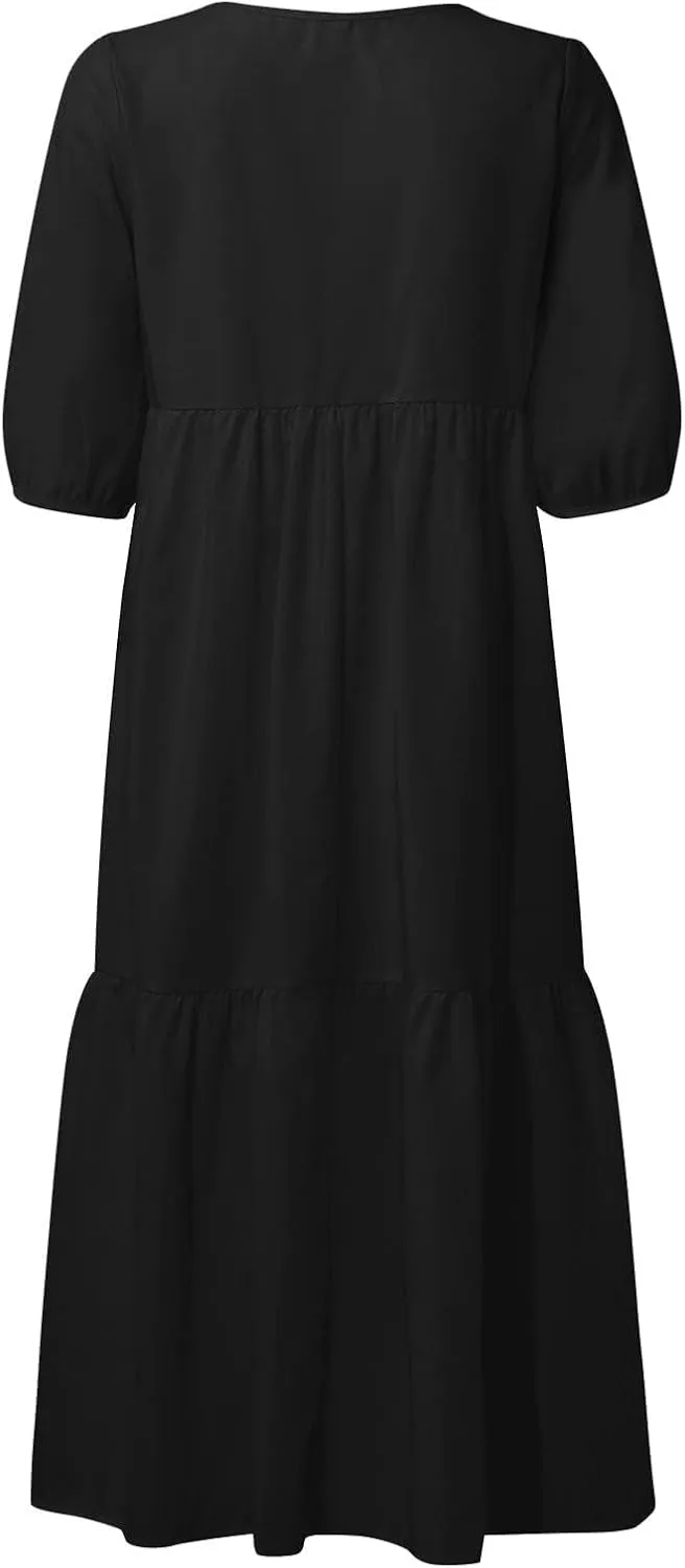 Womens Cotton Linen Pleated Dresses Fashion Classic Puff Sleeve Casual Solid Color Crewneck Flowy A Line Maxi Dress