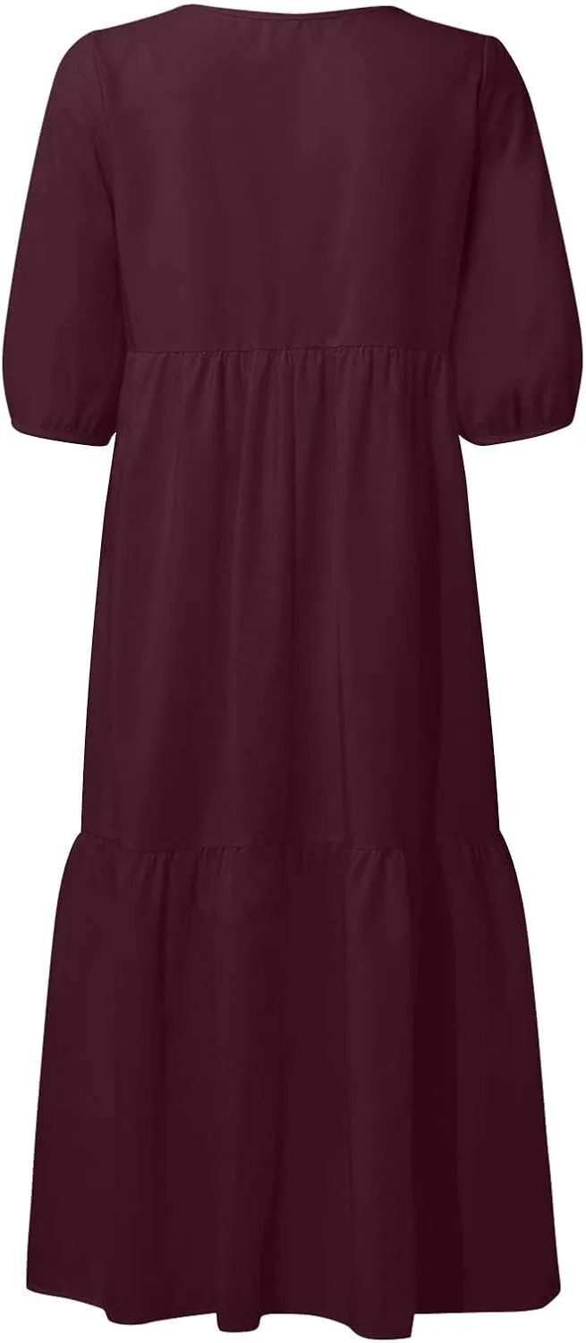 Womens Cotton Linen Pleated Dresses Fashion Classic Puff Sleeve Casual Solid Color Crewneck Flowy A Line Maxi Dress