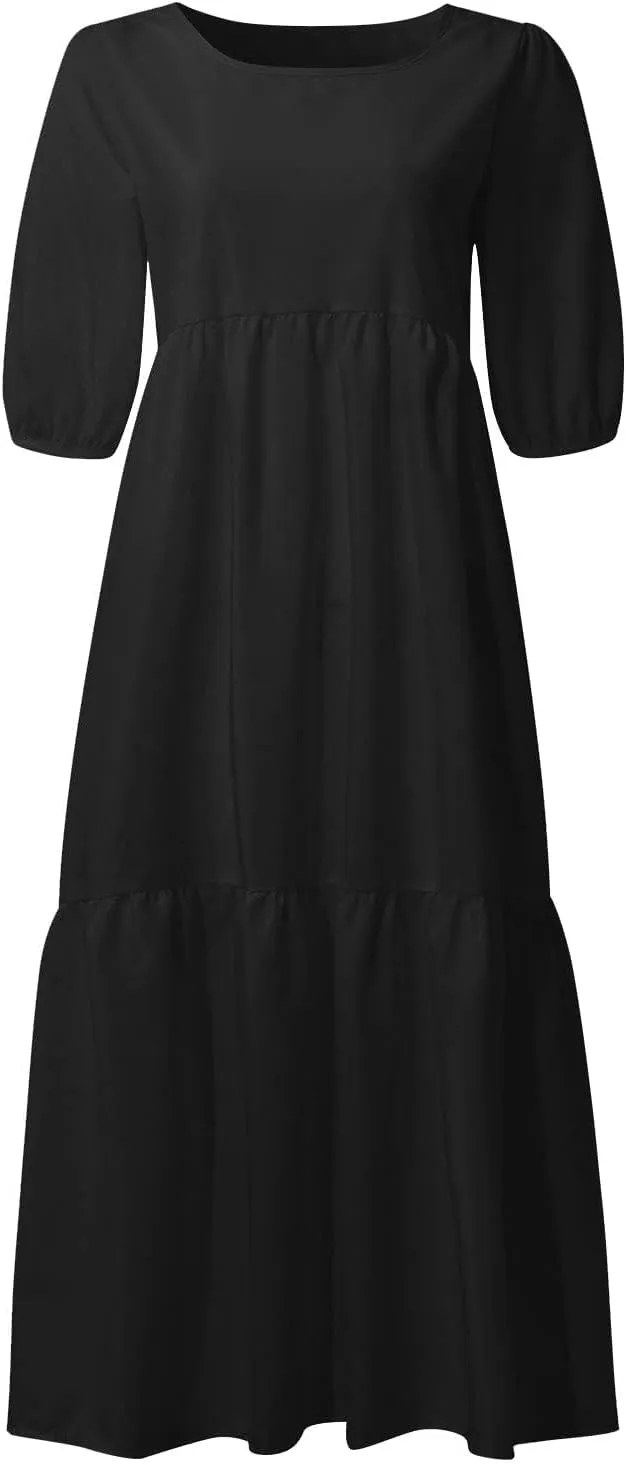 Womens Cotton Linen Pleated Dresses Fashion Classic Puff Sleeve Casual Solid Color Crewneck Flowy A Line Maxi Dress