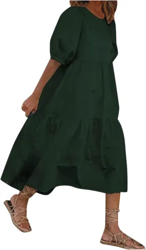 Womens Cotton Linen Pleated Dresses Fashion Classic Puff Sleeve Casual Solid Color Crewneck Flowy A Line Maxi Dress
