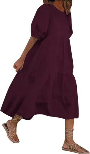Womens Cotton Linen Pleated Dresses Fashion Classic Puff Sleeve Casual Solid Color Crewneck Flowy A Line Maxi Dress