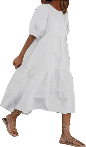 Womens Cotton Linen Pleated Dresses Fashion Classic Puff Sleeve Casual Solid Color Crewneck Flowy A Line Maxi Dress