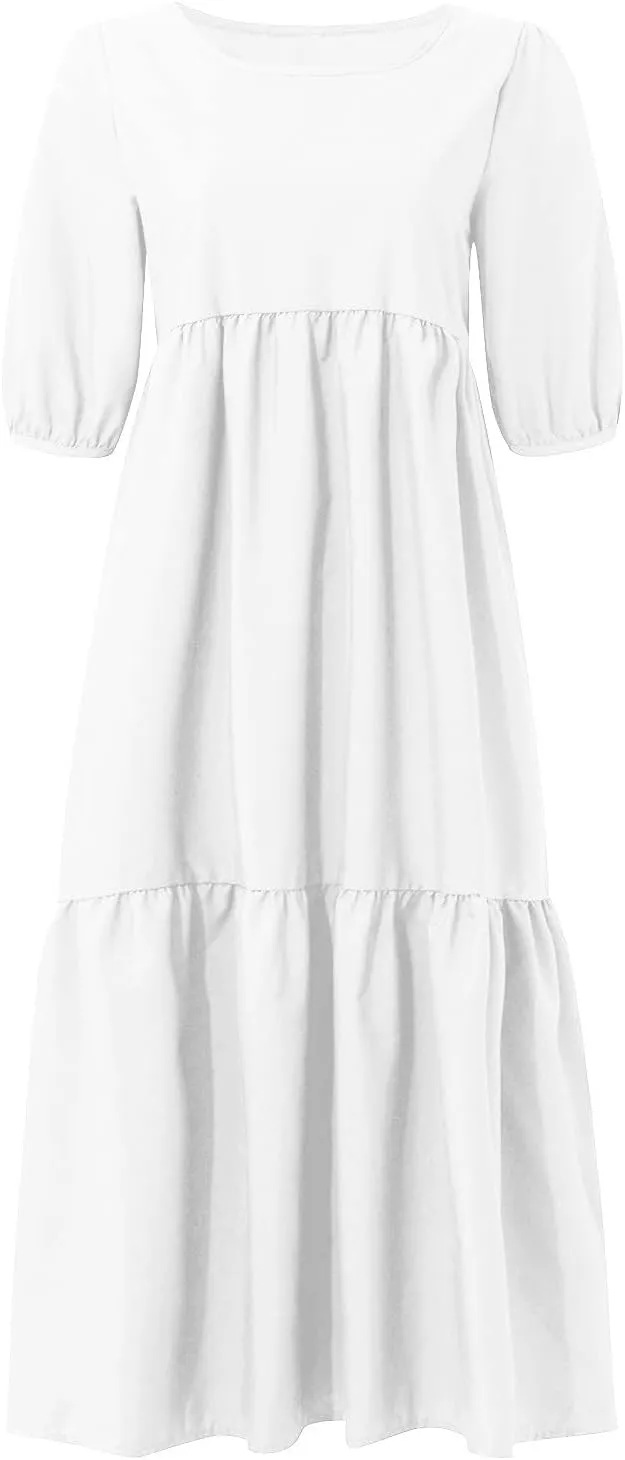 Womens Cotton Linen Pleated Dresses Fashion Classic Puff Sleeve Casual Solid Color Crewneck Flowy A Line Maxi Dress