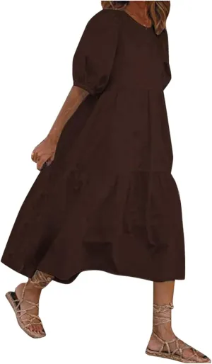 Womens Cotton Linen Pleated Dresses Fashion Classic Puff Sleeve Casual Solid Color Crewneck Flowy A Line Maxi Dress