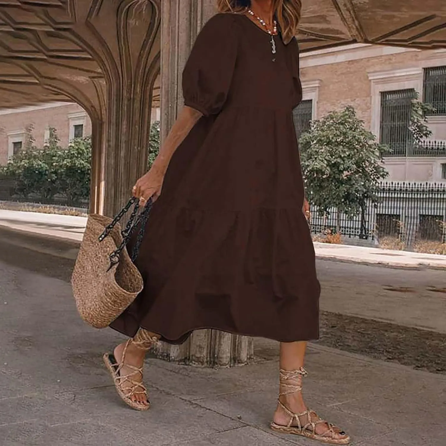 Womens Cotton Linen Pleated Dresses Fashion Classic Puff Sleeve Casual Solid Color Crewneck Flowy A Line Maxi Dress
