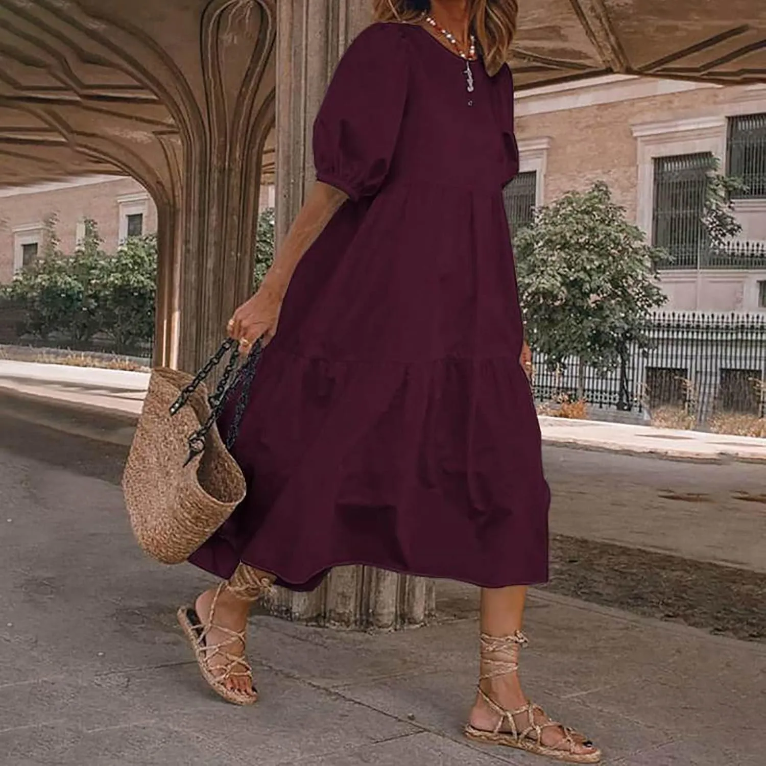 Womens Cotton Linen Pleated Dresses Fashion Classic Puff Sleeve Casual Solid Color Crewneck Flowy A Line Maxi Dress