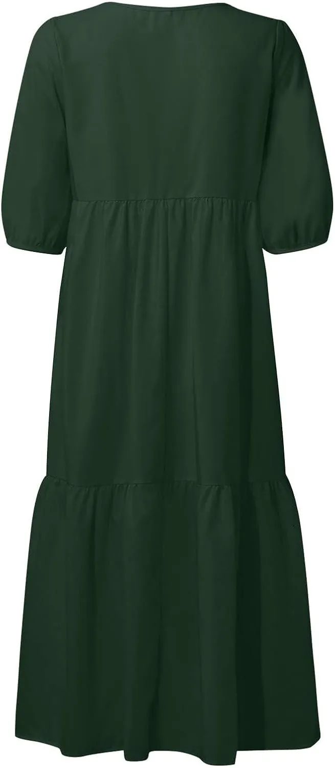 Womens Cotton Linen Pleated Dresses Fashion Classic Puff Sleeve Casual Solid Color Crewneck Flowy A Line Maxi Dress
