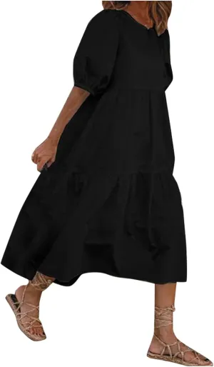 Womens Cotton Linen Pleated Dresses Fashion Classic Puff Sleeve Casual Solid Color Crewneck Flowy A Line Maxi Dress