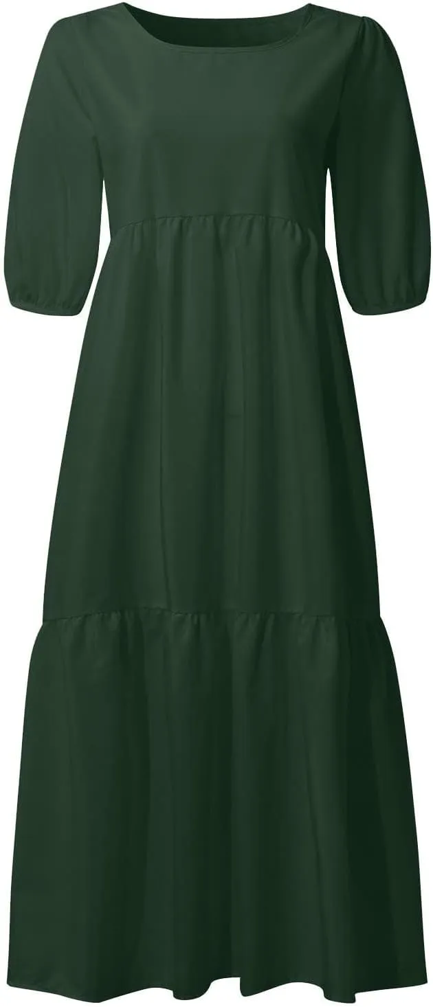 Womens Cotton Linen Pleated Dresses Fashion Classic Puff Sleeve Casual Solid Color Crewneck Flowy A Line Maxi Dress